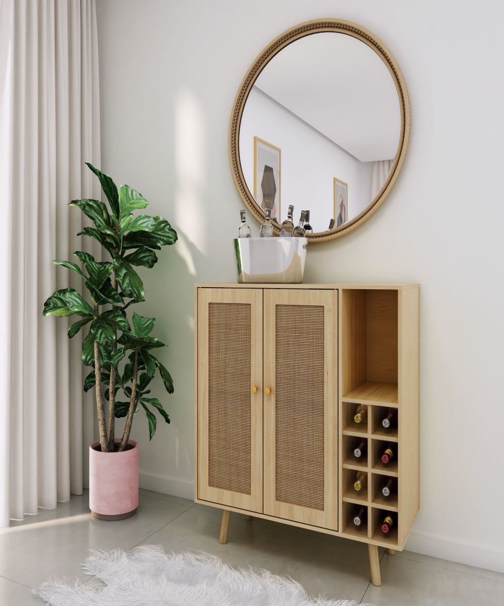 Bohemian Bar Cabinet, Natural Rattan Doors, Removable Wine Rack in Natural Wood Bohemian Bar Cabinet, Natural Rattan Doors, Removable Wine Rack in Natural Wood