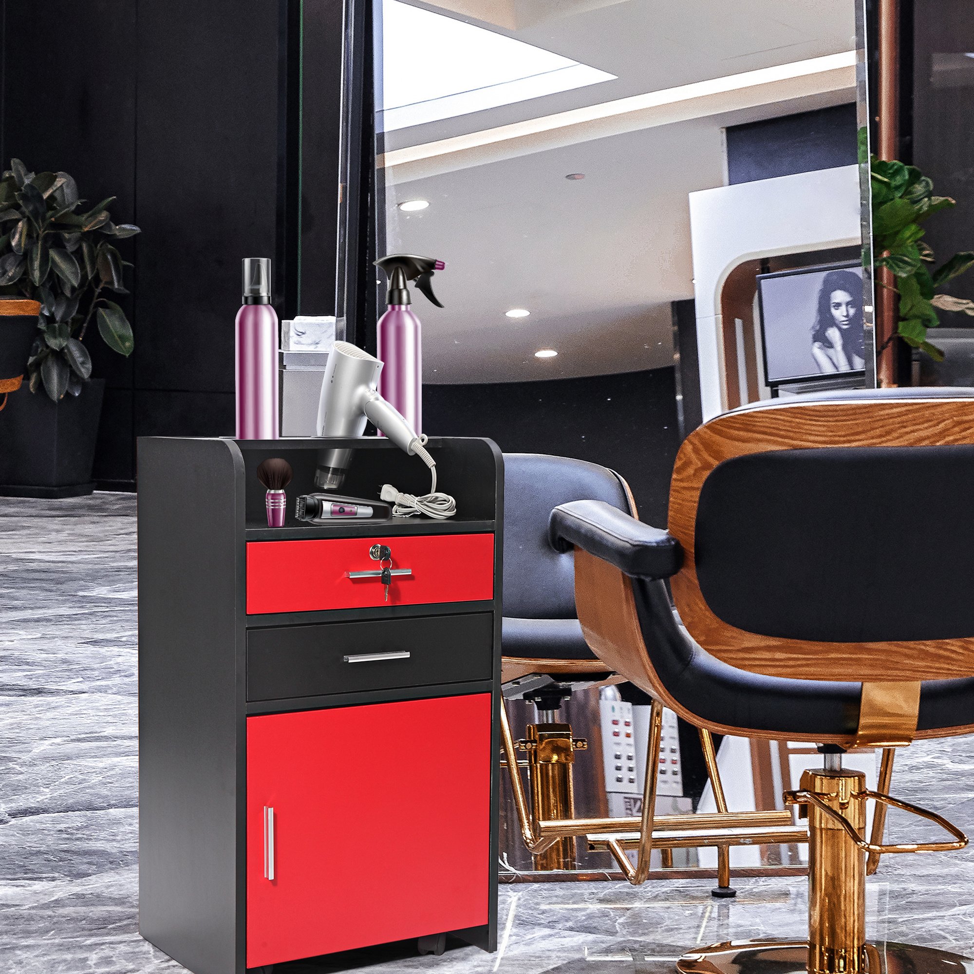 Salon Beauty Cabinet; 3-Layer Rolling Trolley with Storage Drawer; Wheels and 2 Hair Dryer Holders; XH Salon Beauty Cabinet; 3-Layer Rolling Trolley with Storage Drawer; Wheels and 2 Hair Dryer Holders; XH